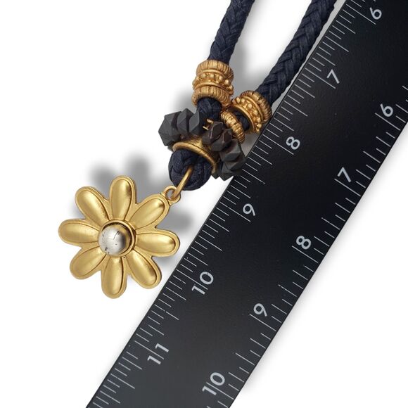 Pulcinno Black Corded Collar Necklace Matte Brushed Gold Tone Flower Pendant - Picture 9 of 11